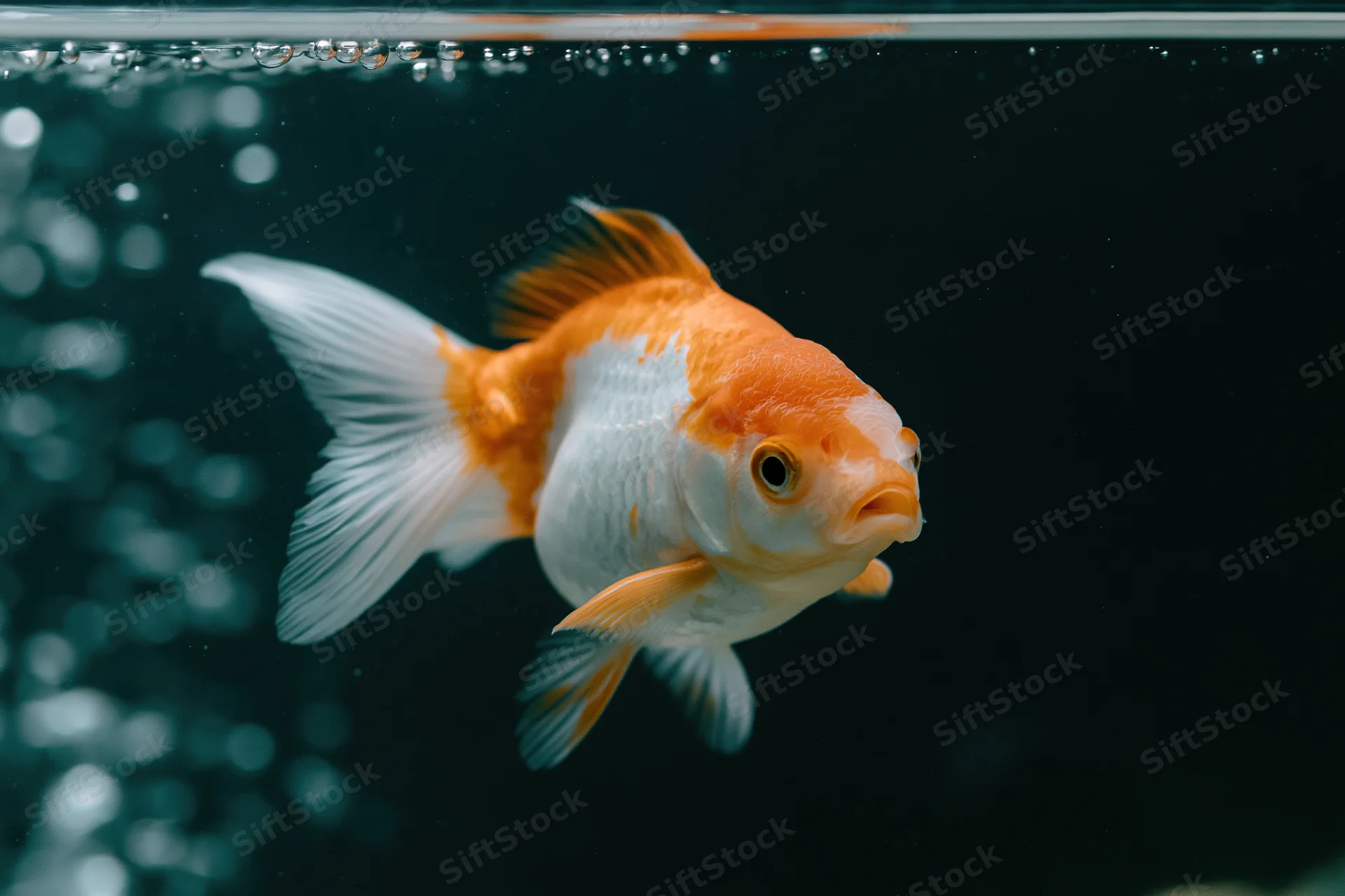 Orange-and-white fancy goldfish swimming near water surface in dark aquarium