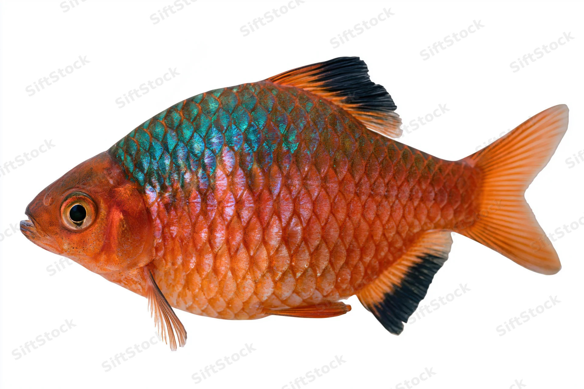 Side profile of a vibrant orange and blue-scaled ornamental fish isolated on white