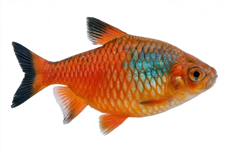 Side profile of a rosy barb fish with orange and blue scales and black-tipped fins isolated on white background