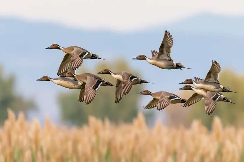 Northern pintail ducks flying in formation over a golden field