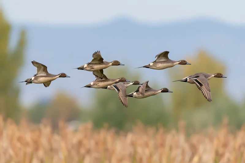 Northern pintail ducks in mid-flight over a grassy field