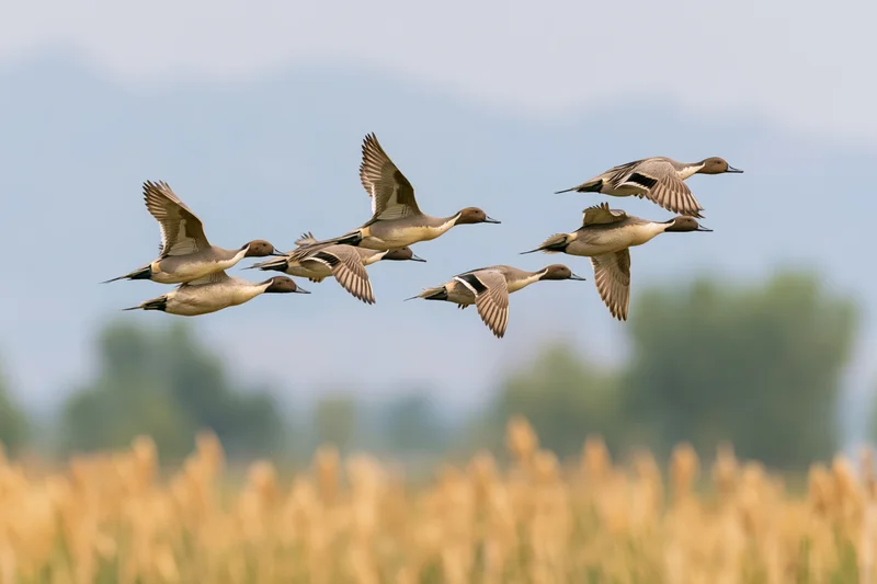 Northern pintail ducks in flight over a golden reed field