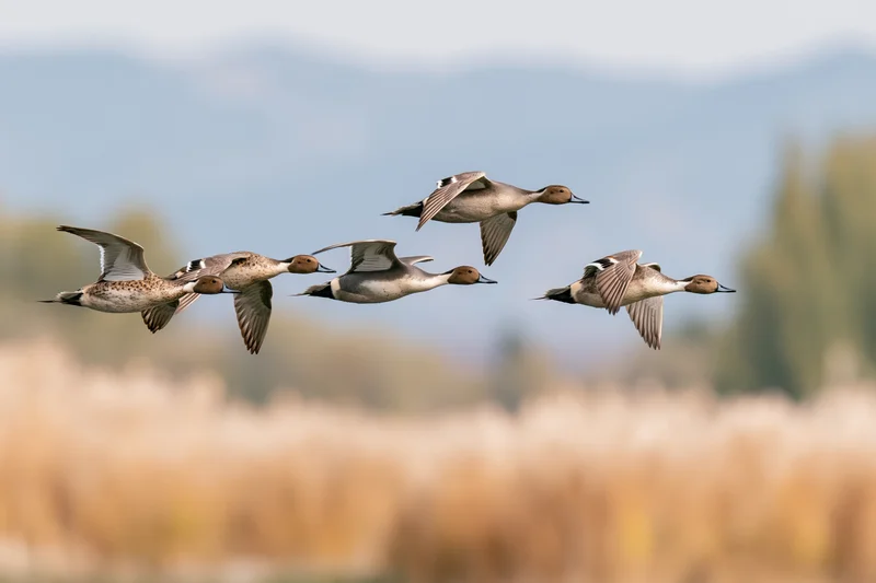 Northern pintail ducks flying in formation over a marshy field with blurred reeds and distant mountains