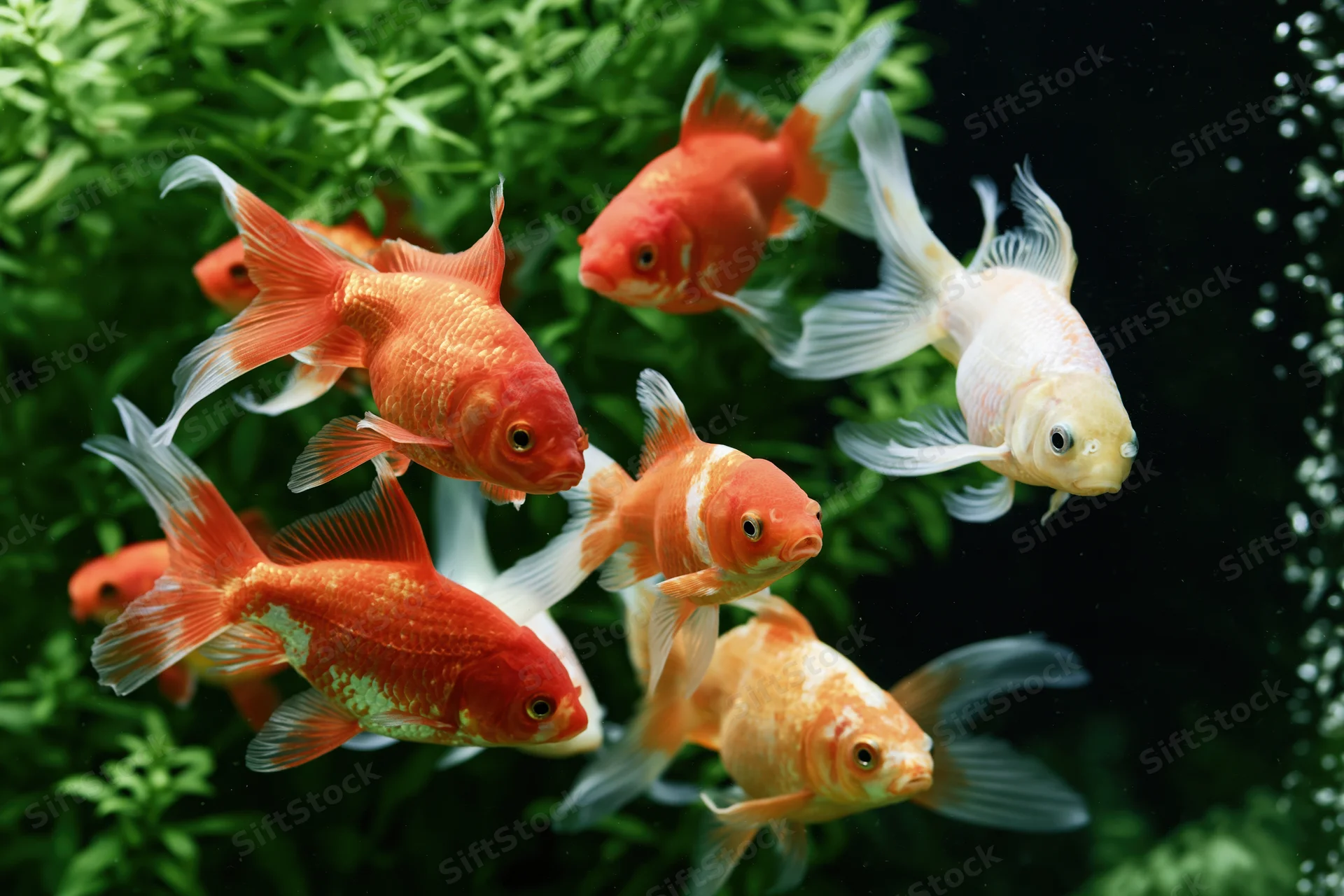 Goldfish and koi swimming together in a planted aquarium with bubbles rising from the bottom