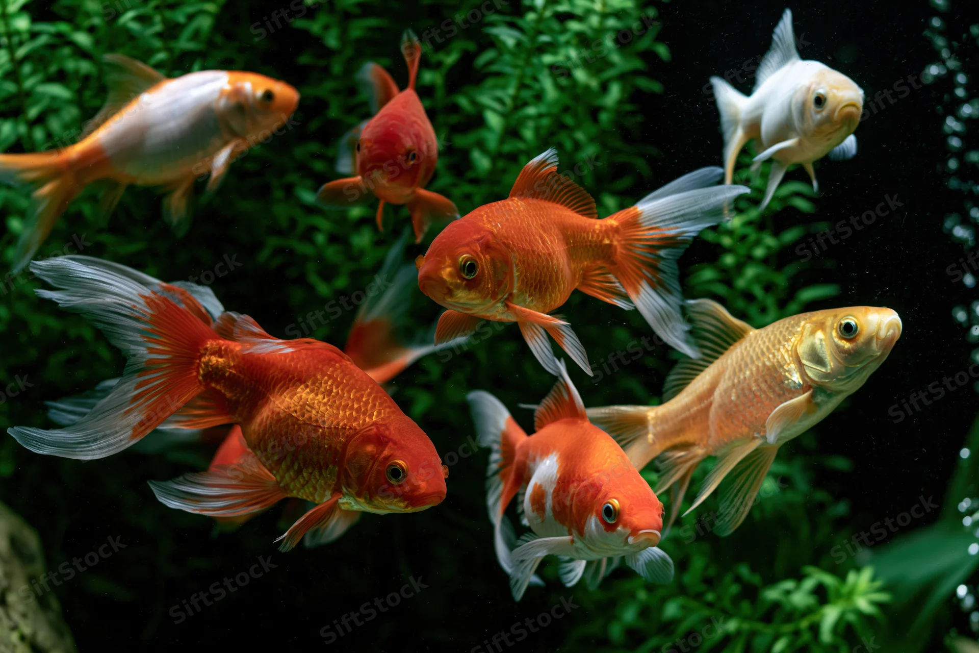 Goldfish and koi swimming together in a planted aquarium tank