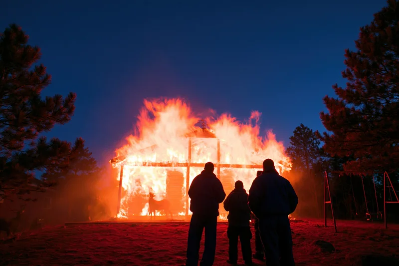People watching a house burning at night in a snowy yard with trees and a swingset nearby