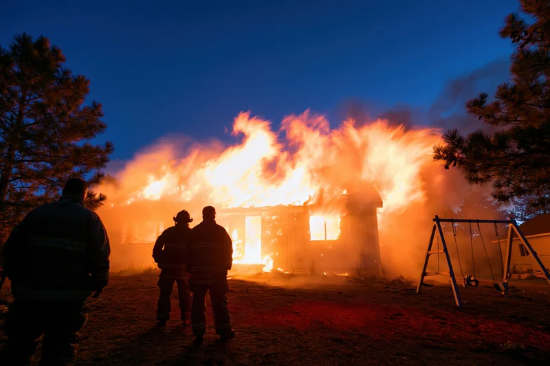 Firefighters observing a burning suburban house at night from the yard