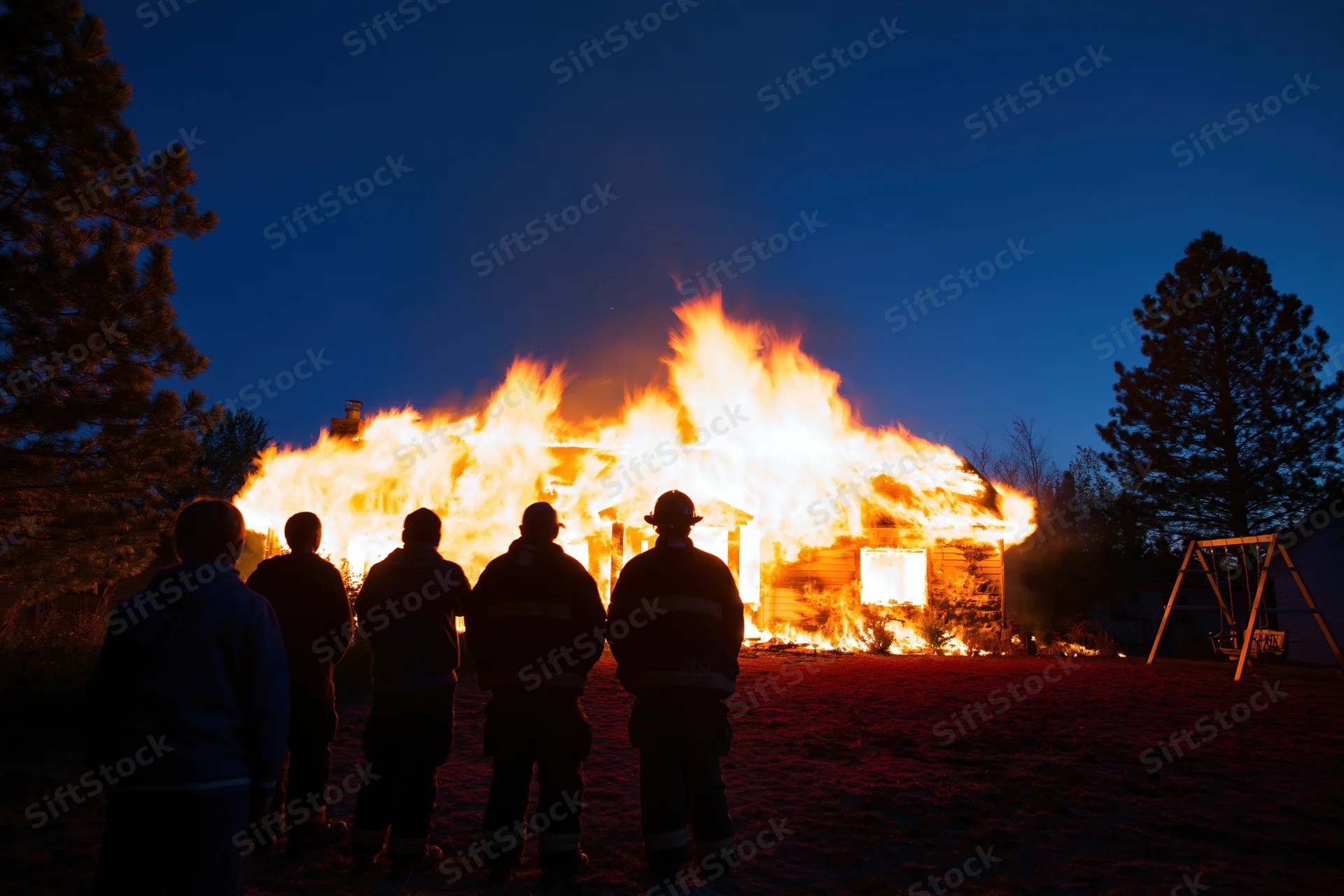 Firefighters observing a burning suburban house at night