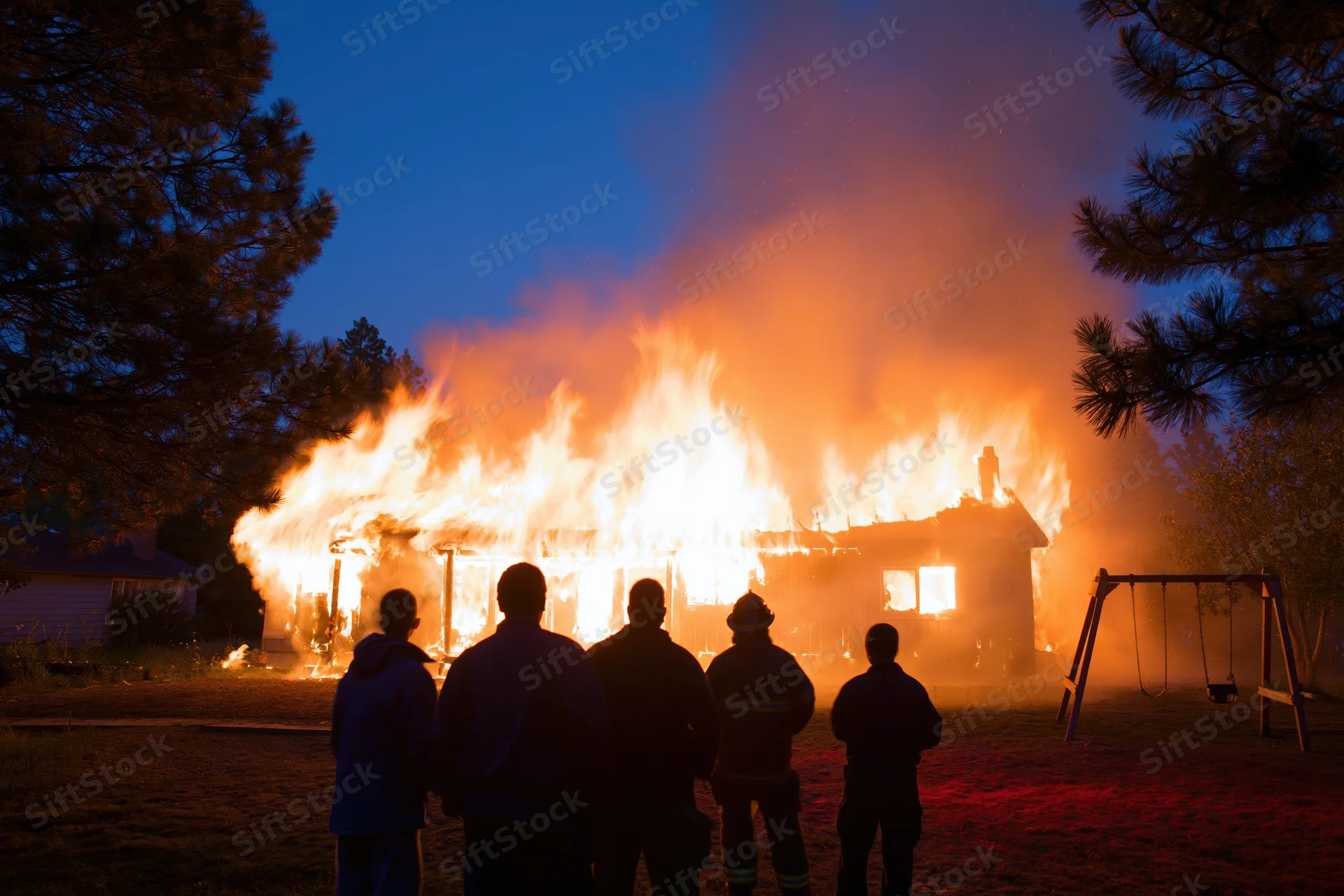Silhouetted firefighters and onlookers facing a burning suburban house at night