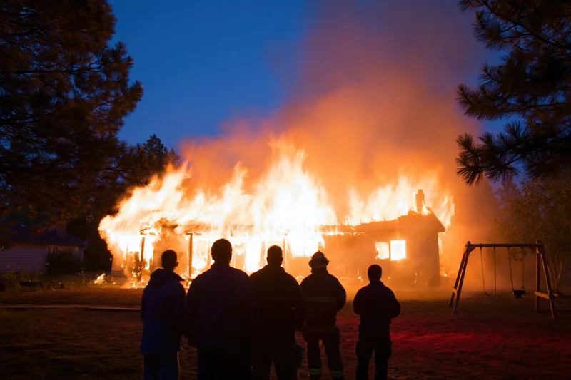 Silhouetted firefighters and onlookers facing a burning suburban house at night