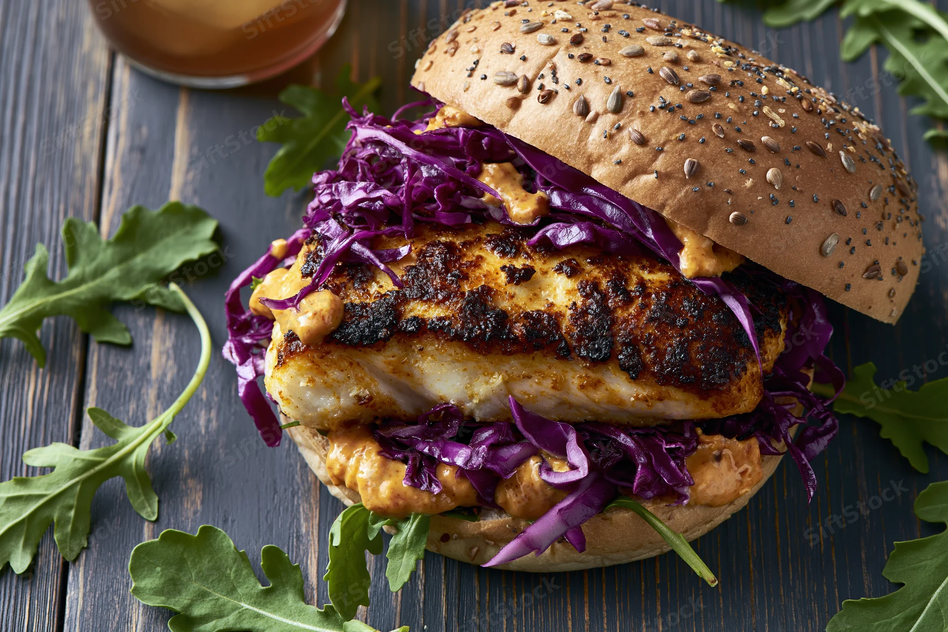 Grilled fish sandwich with purple cabbage and sauce on a seeded bun surrounded by arugula on dark wooden surface