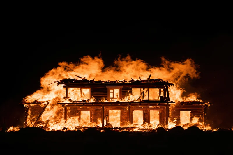 Two-story wooden house fully engulfed in flames at night