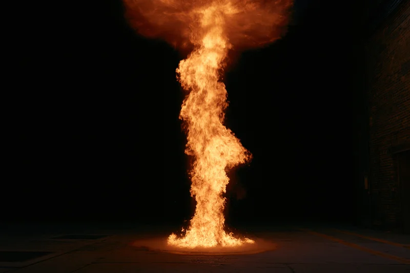 Vertical column of fire rising from pavement in dark urban alley at night