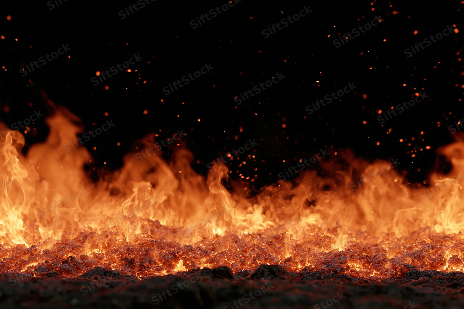 Intense flames burning across a dark ground at night