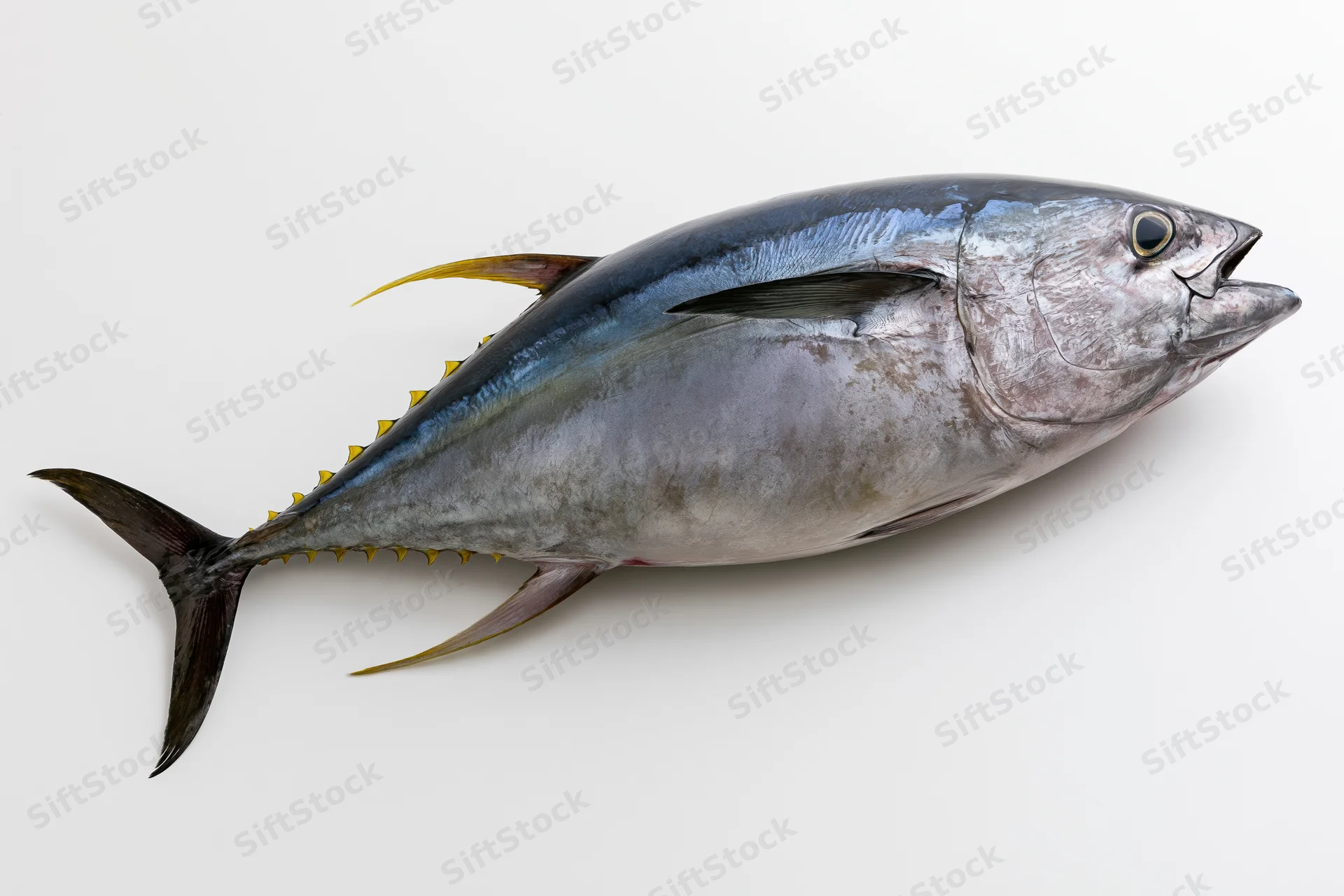 Whole fresh bluefin tuna laid flat in side profile on white background