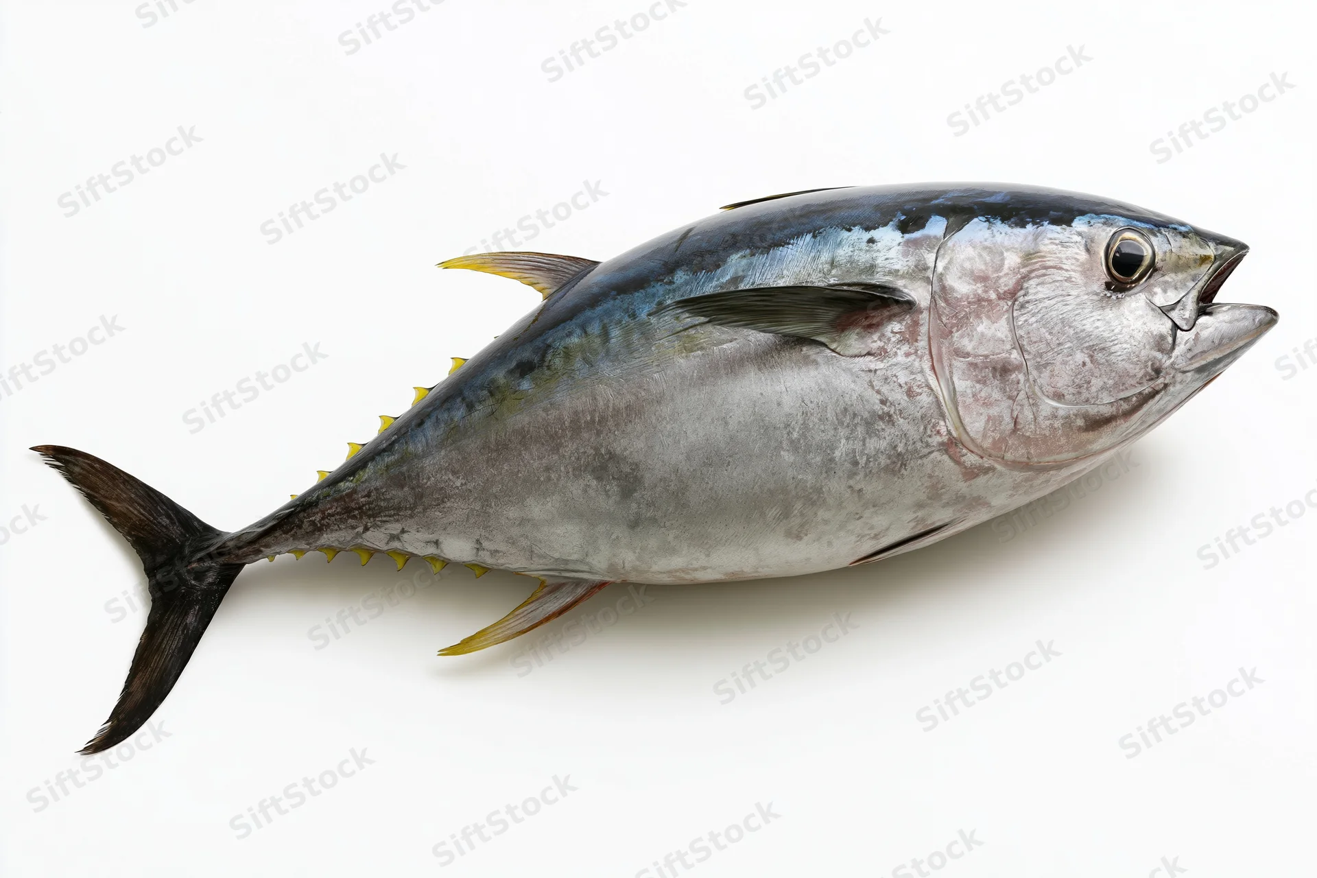 Whole fresh bluefin tuna in side profile on white background