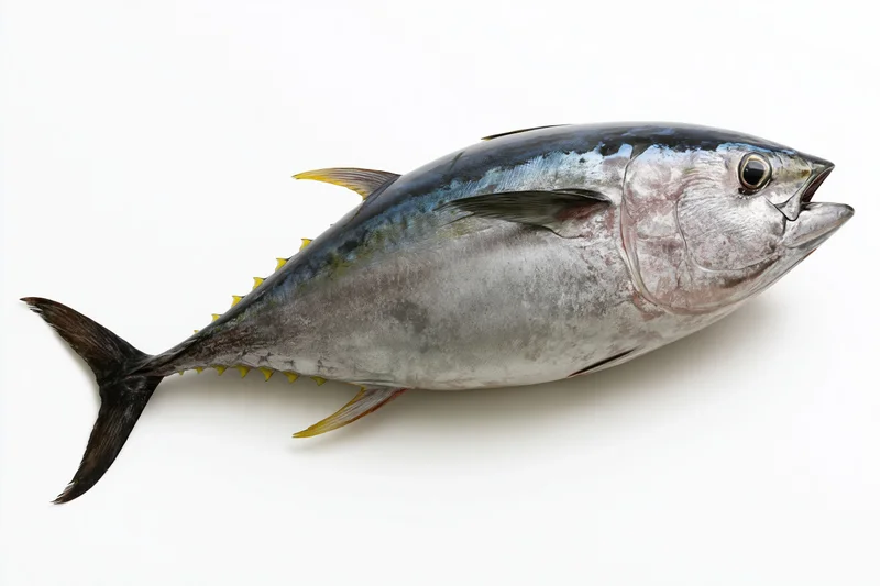 Whole fresh bluefin tuna in side profile on white background
