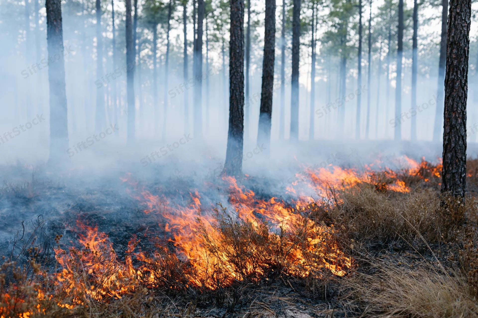 Wildfire burning through dry underbrush in a pine forest