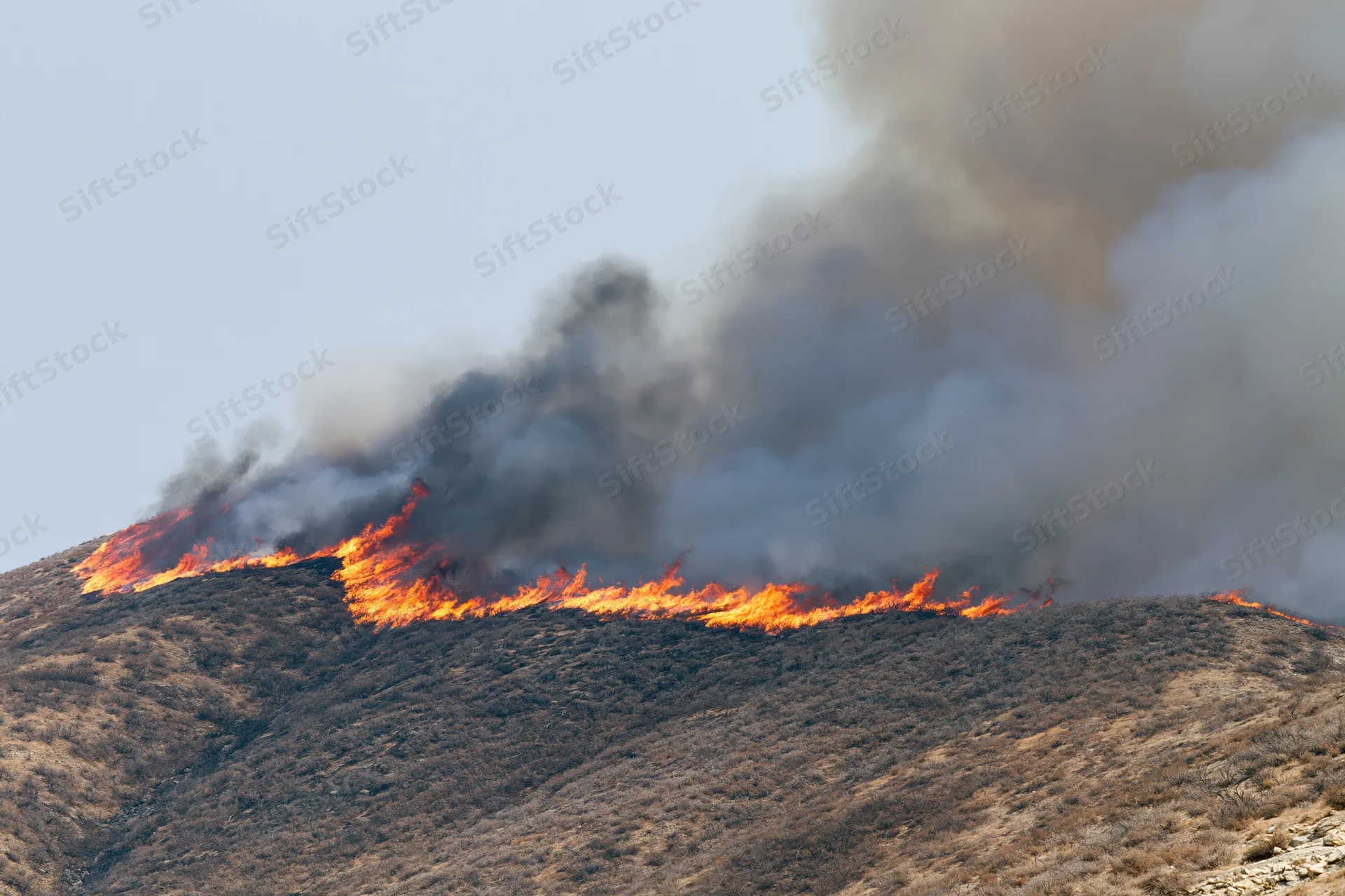 Wildfire burning along a dry hillside ridge with thick smoke rising into the sky