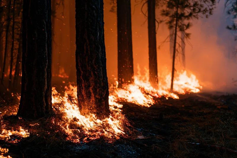 Wildfire burning along forest floor with flames consuming dry groundcover and tree bases