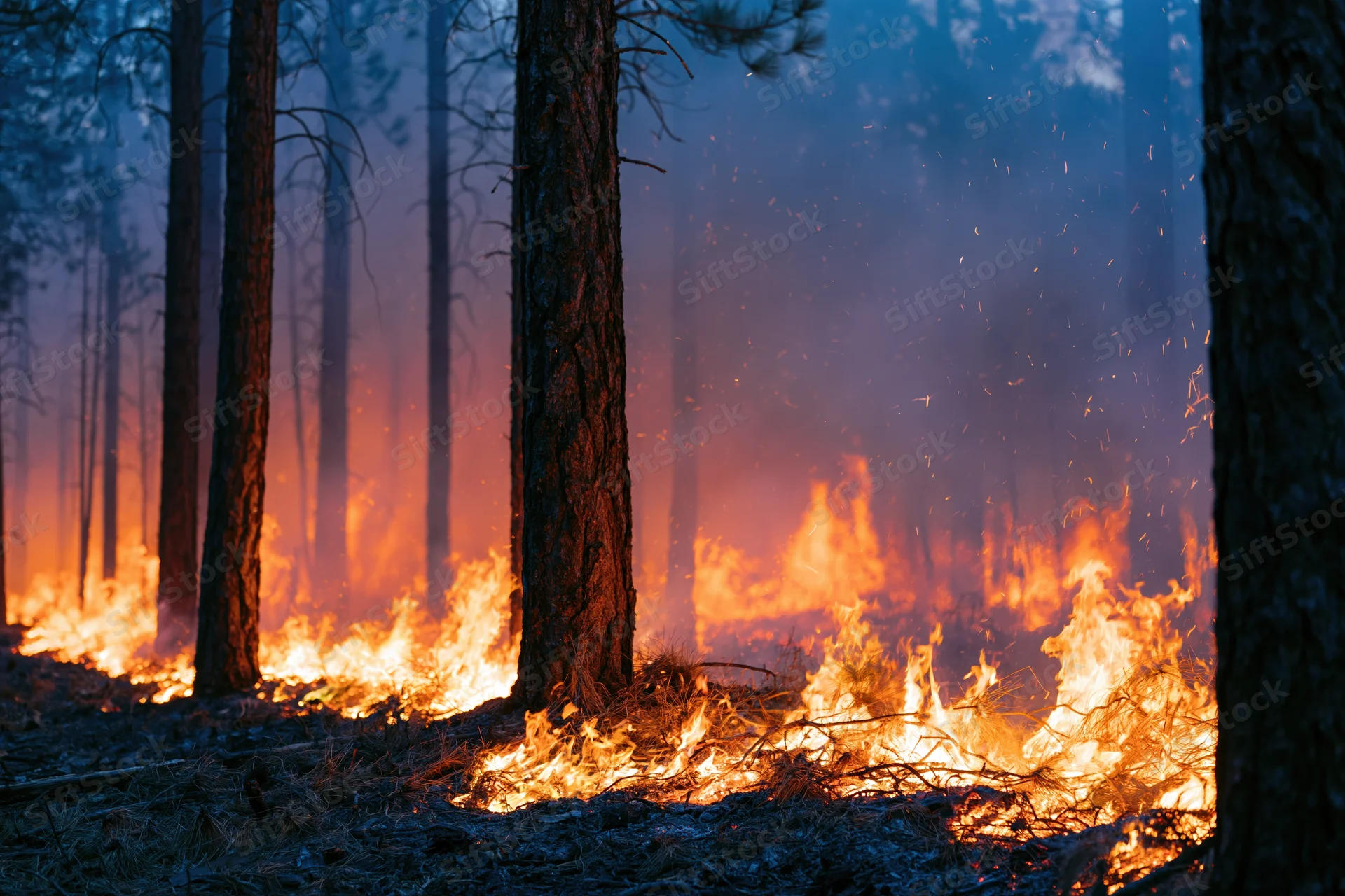 Wildfire burning along forest floor with flames consuming underbrush at dusk