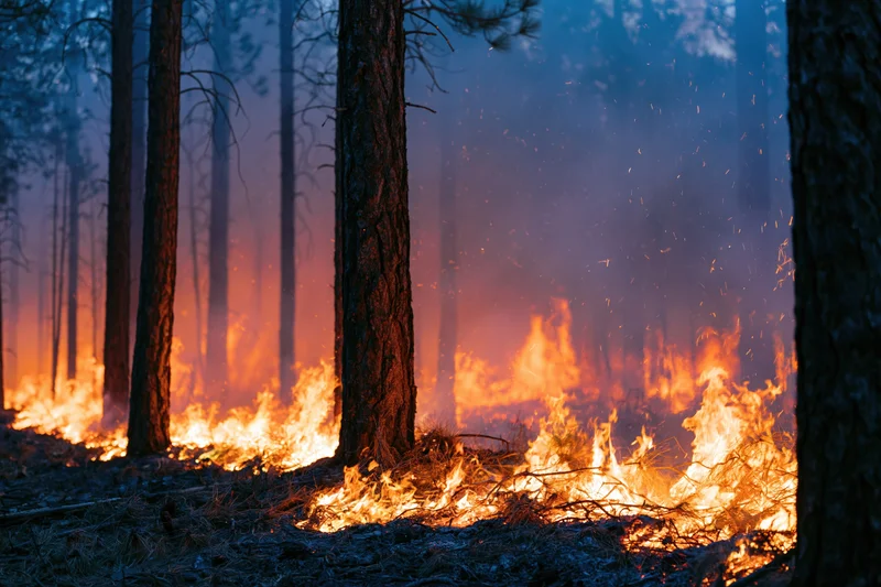 Wildfire burning along forest floor with flames consuming underbrush at dusk