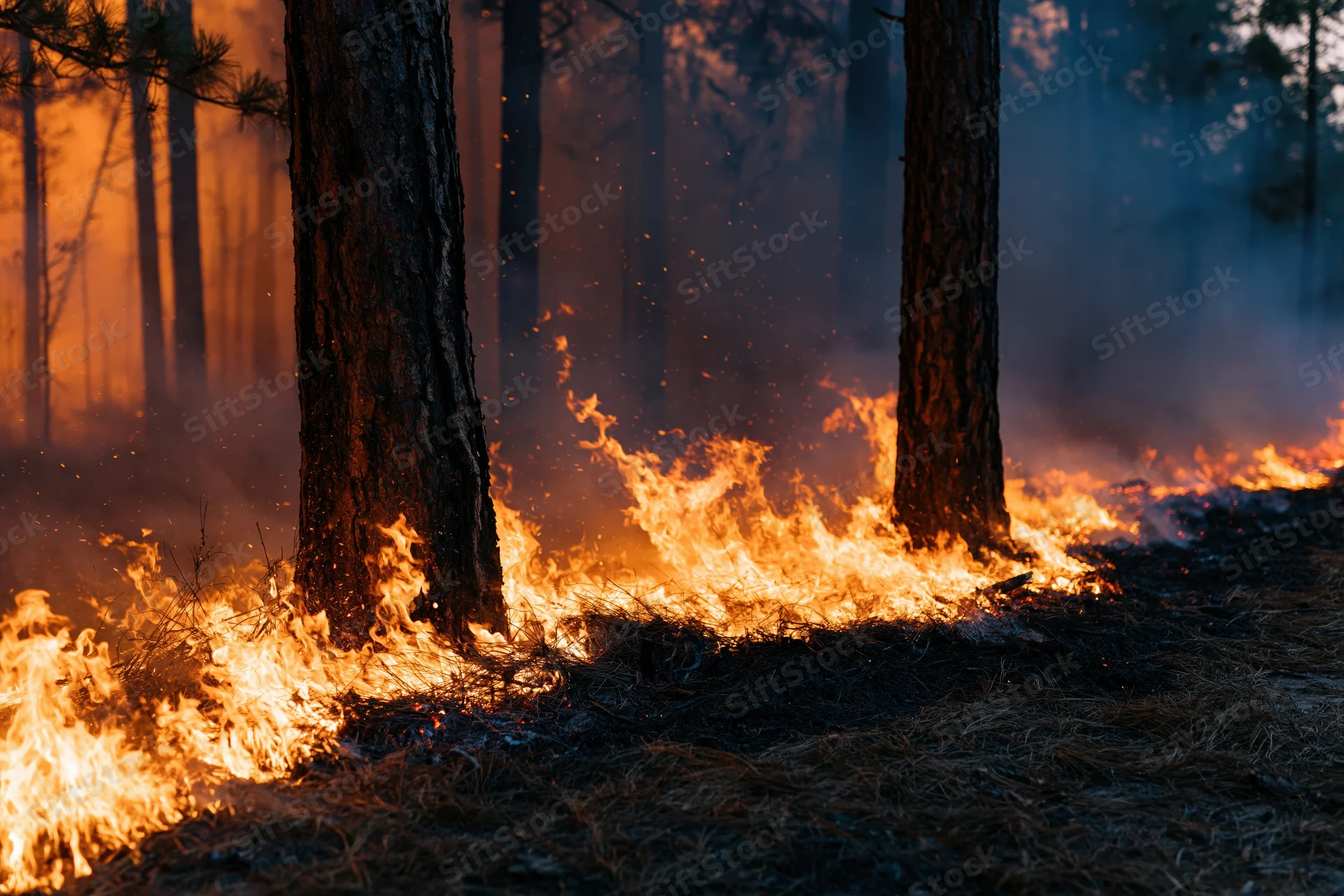 Wildfire burning along forest floor between pine trees at dusk