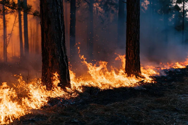 Wildfire burning along forest floor between pine trees at dusk