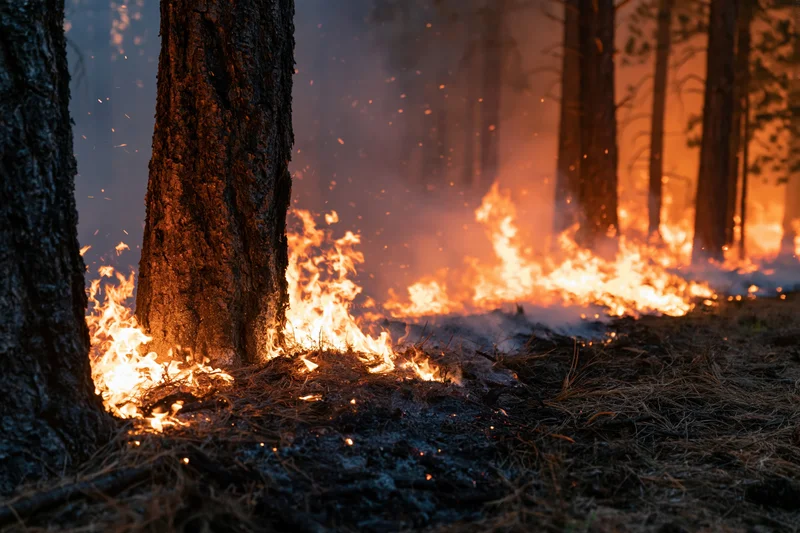 Wildfire burning along forest floor with flames consuming dry underbrush and tree bases