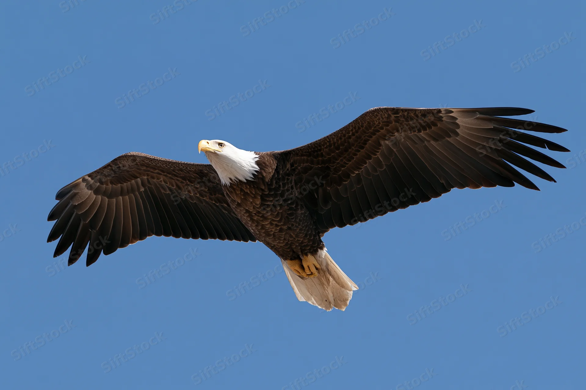 Bald eagle soaring with wings fully extended against clear blue sky