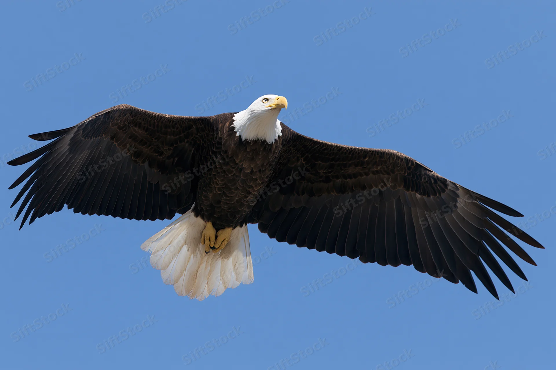 Bald eagle soaring with wings fully extended against clear blue sky