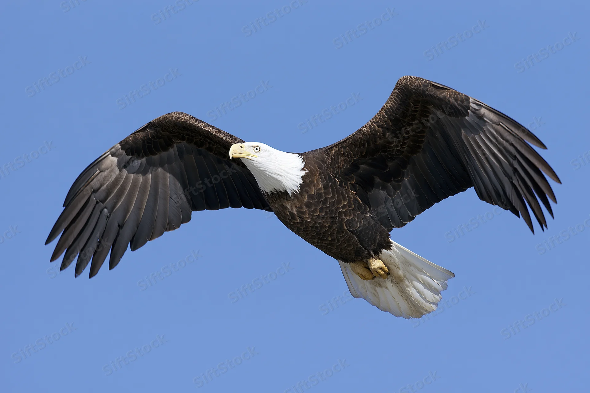 Bald eagle soaring with wings fully extended against clear blue sky
