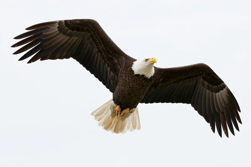 Bald eagle soaring with wings fully spread against a plain sky