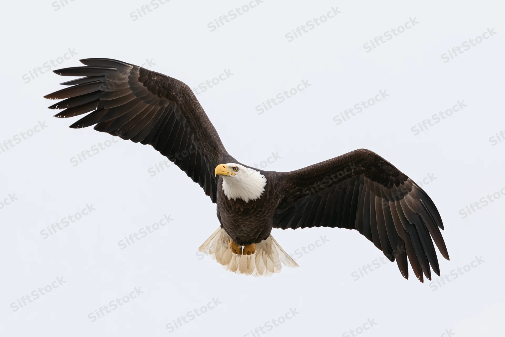 Bald eagle soaring with wings fully spread against a plain sky