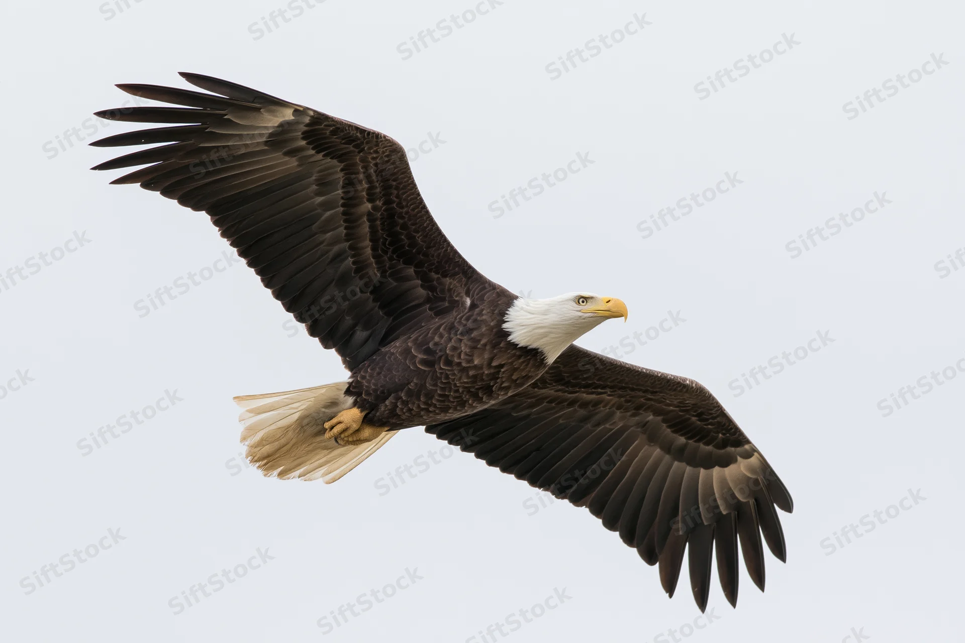 Bald eagle soaring with wings fully spread against a plain sky