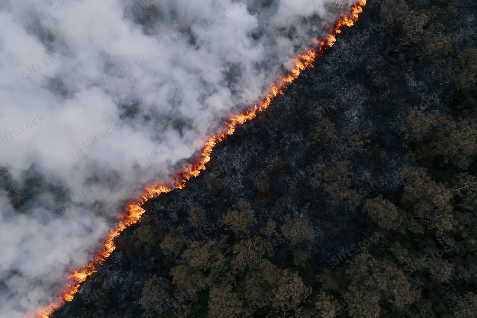 Aerial view of wildfire burning through forest landscape with thick smoke and charred ground