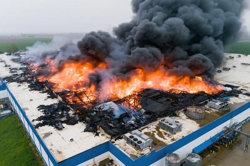 Aerial view of fire engulfing industrial warehouse roof with thick black smoke billowing into sky