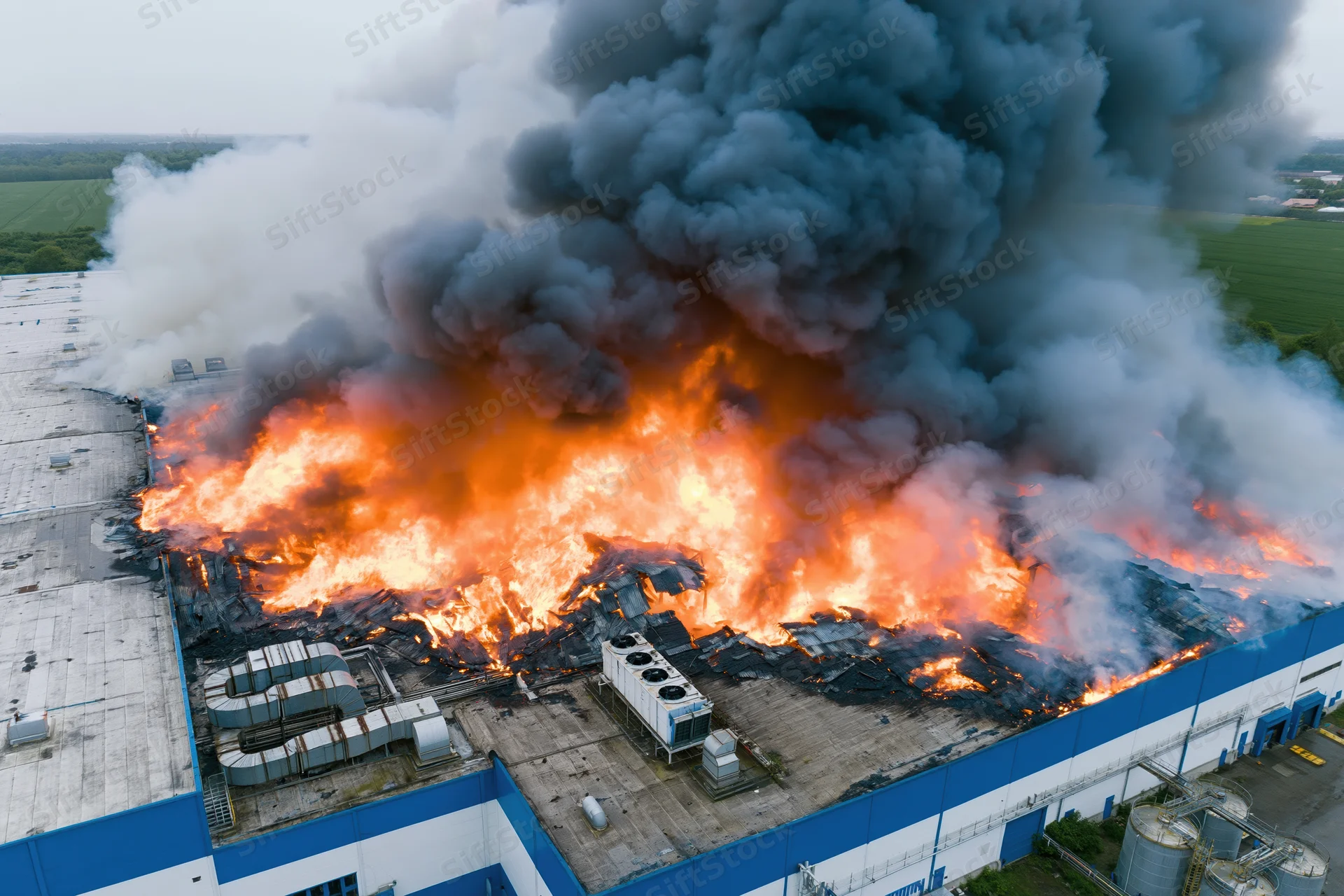 Aerial view of a burning industrial warehouse with thick smoke rising from the roof