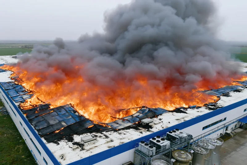 Aerial view of fire engulfing industrial warehouse roof with thick smoke rising