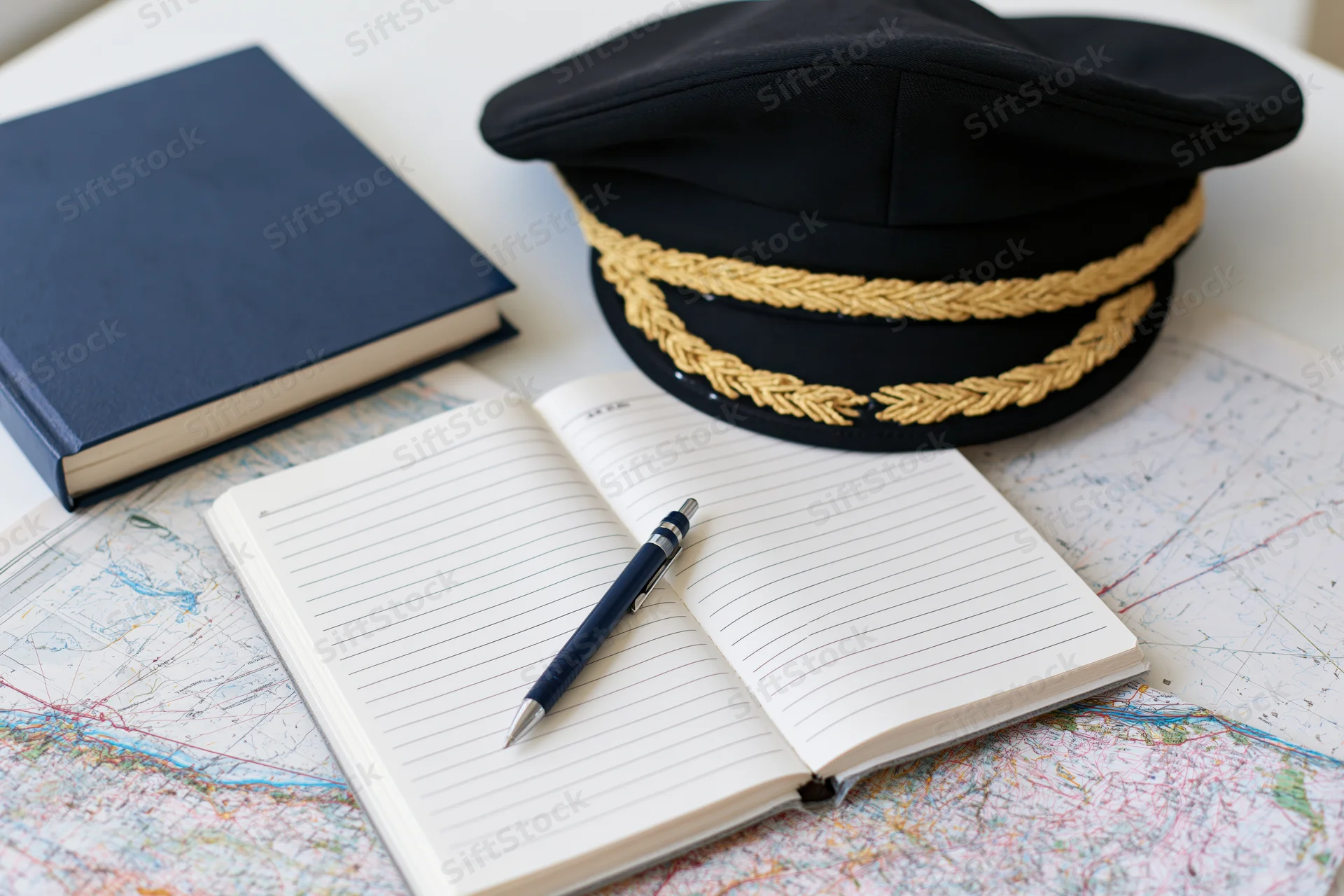 Open logbook with pen on map under pilot's cap