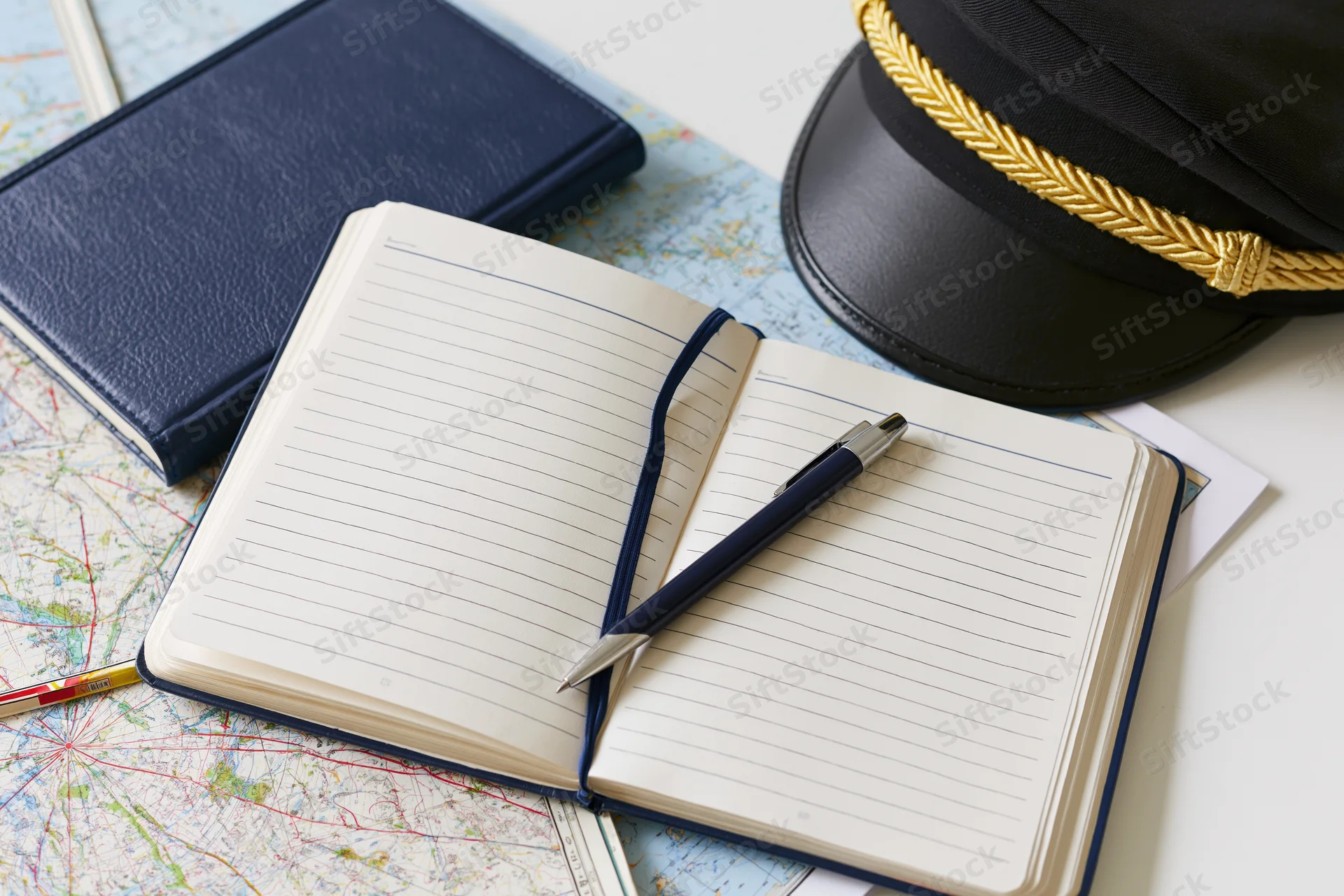 Open pilot logbook with pen and cap on map background