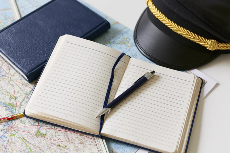 Open pilot logbook with pen and cap on map background