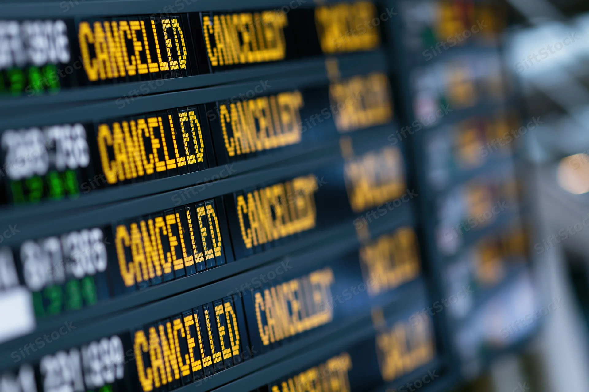 Digital departure board showing multiple cancelled flights at airport terminal