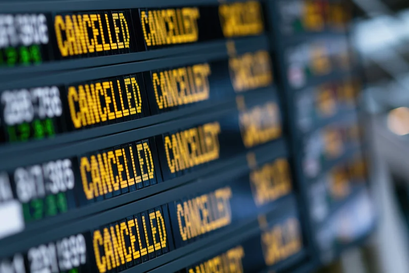 Digital departure board showing multiple cancelled flights at airport terminal