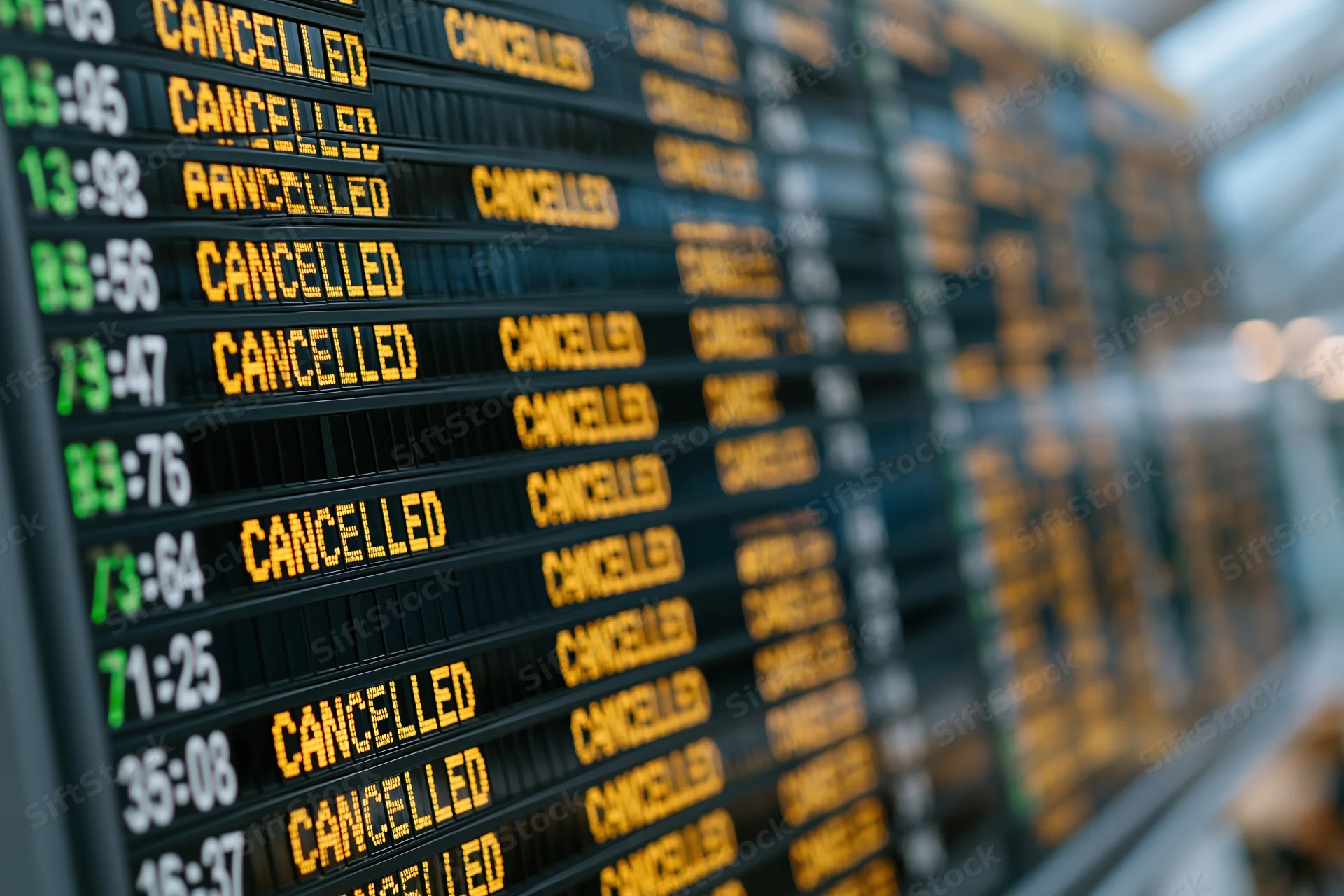 Digital departure board showing multiple cancelled flights at airport terminal