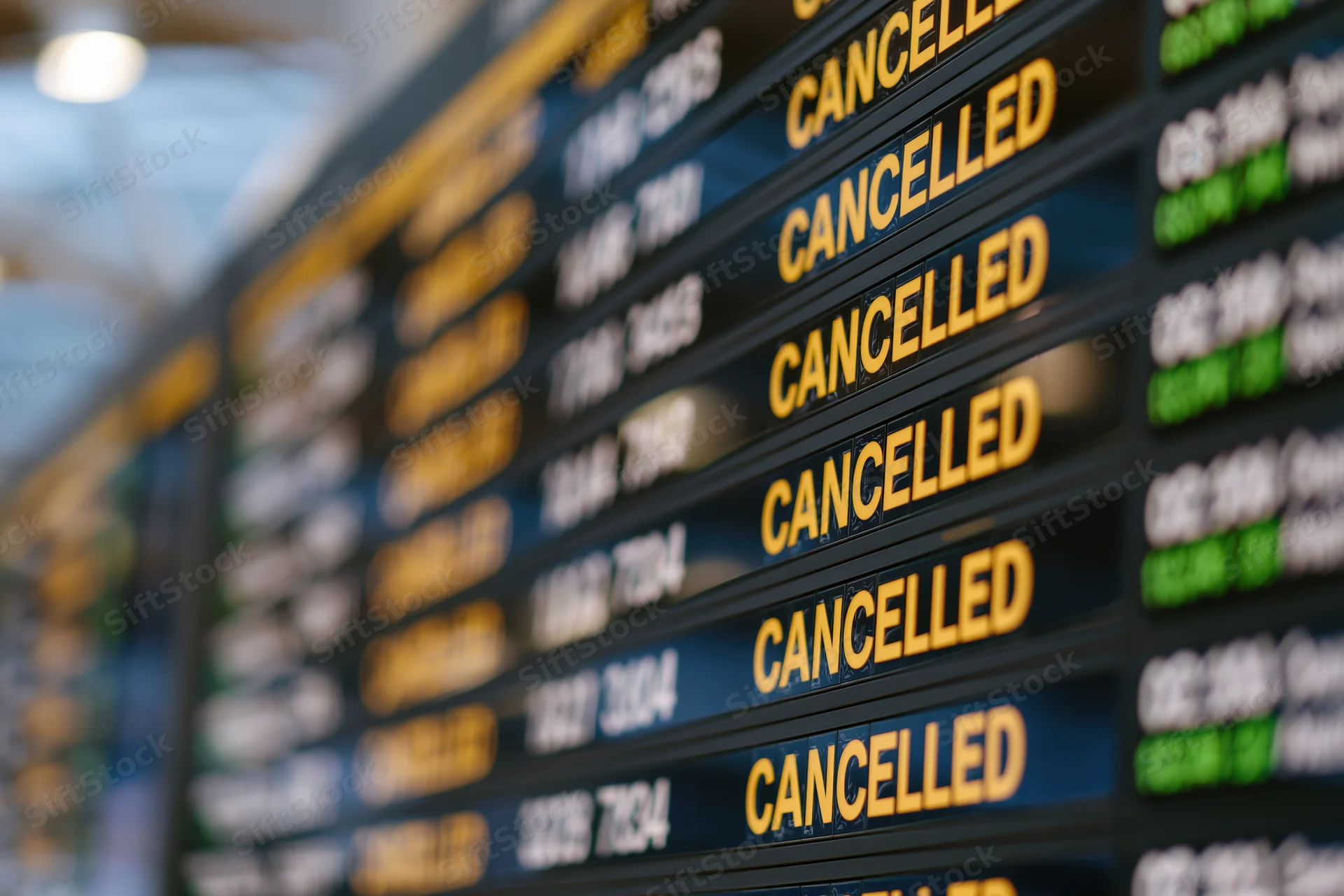 Digital departure board showing multiple cancelled flights at airport terminal