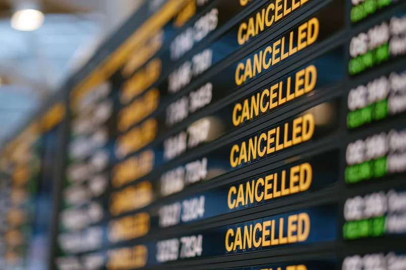Digital departure board showing multiple cancelled flights at airport terminal