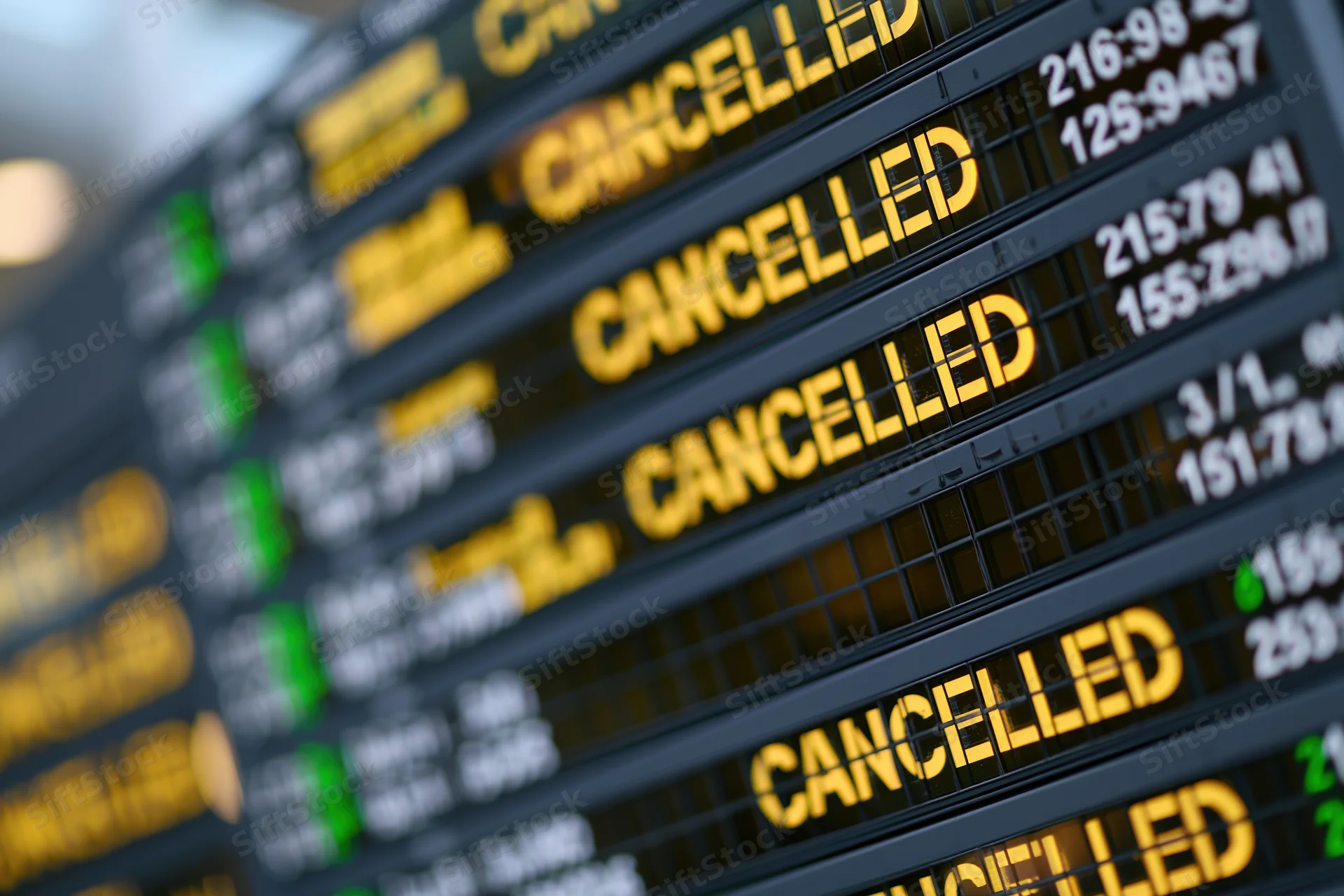 Digital departure board showing multiple cancelled flights at airport terminal