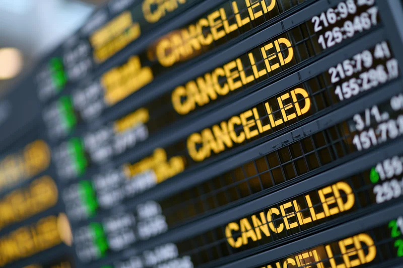 Digital departure board showing multiple cancelled flights at airport terminal