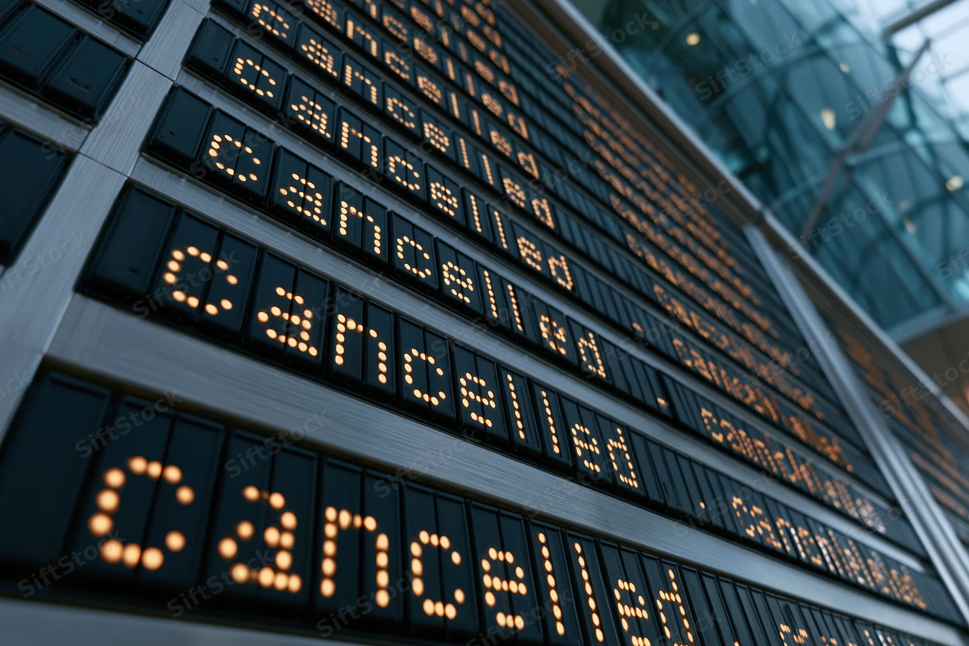 Digital departure board showing cancelled flights in an airport terminal